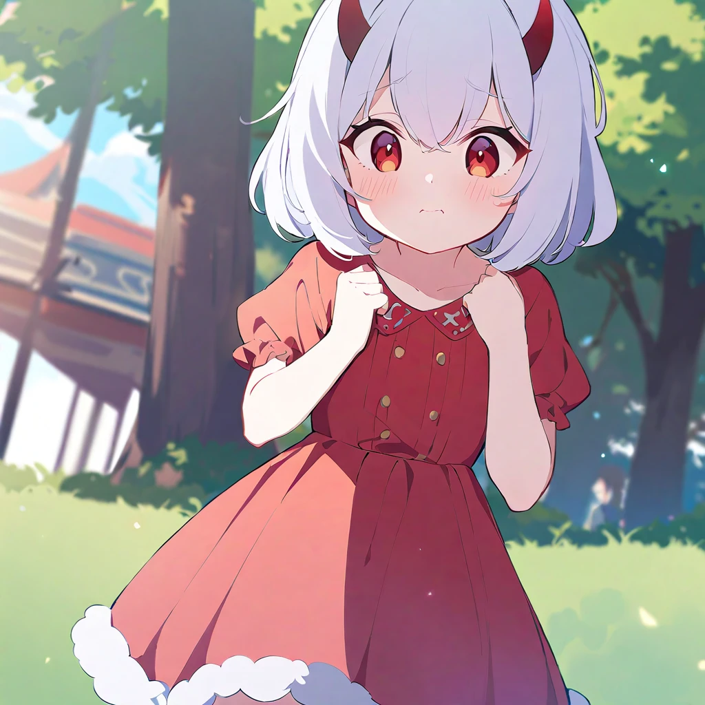 Teenage girl, devil girl, small red horns, white hair, short fluffy hair, big red eyes, pale skin, blushing cheeks, in a , red dress, in the park