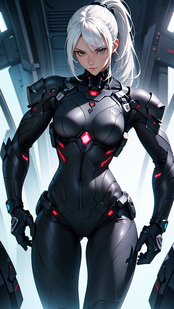 Beautiful cybernetic girl detailed muscles realistic masterpieces full figure pose (best quality,ultra-detailed), white hair in ponytail, fair skin, fit body, slim figure, narrow waist, (cocky expression), black carbon fiber cybernetic mobile combat suit
