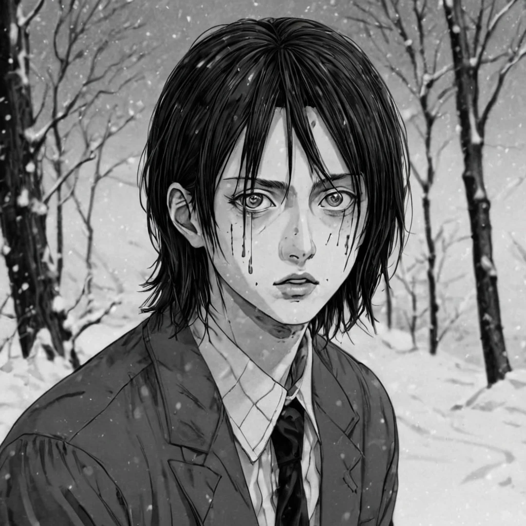 in the middle of the snow with blood, (anime), bizarre scenario, This is Junji, Yusuke Murata, black and white, 8K, anime, horror