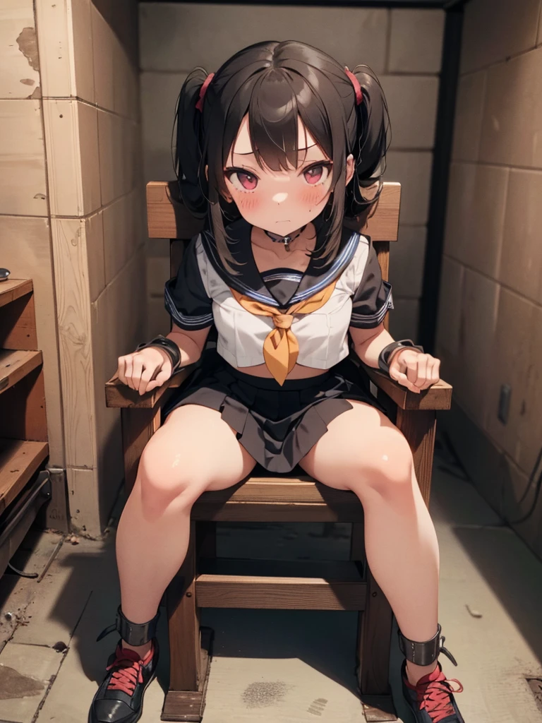 1 girl, (blushing, terrified), tied to a chair, straped to chair, (short sleeve, mini-skirt, sailor uniform), (inside basement, underground), (wrist cuffs, ankle cuffs, wrists tied, ankles tied), perfect body, detailed face, detailed eyes, full body, image taken from afar