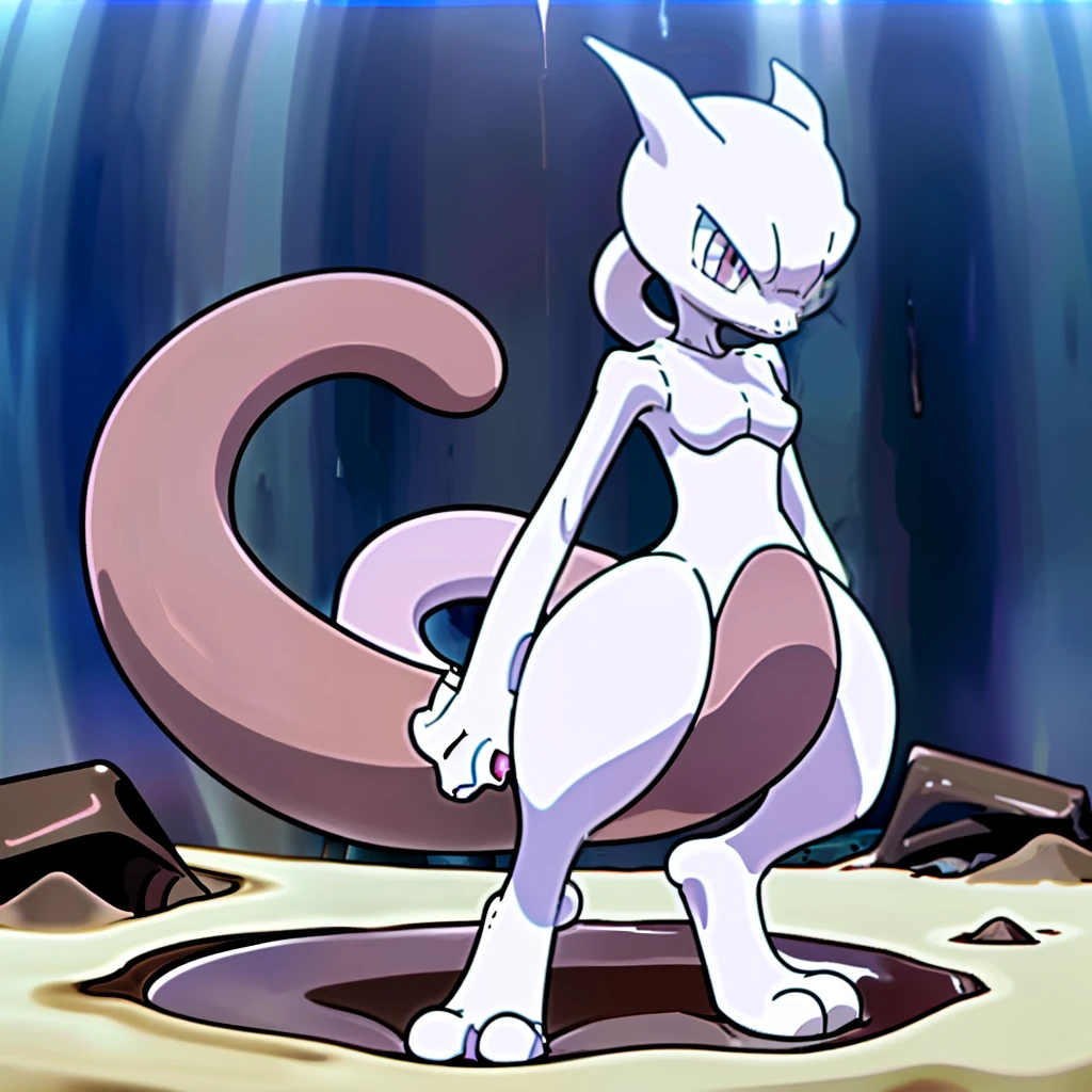 Pokmon, perfect tail, MewTwo she is stuck in quicksand sinking,scared and worried about her thighs 