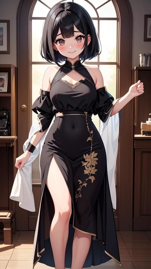 masterpiece、Highest quality、Very detailed、Beautiful lighting、[[Small body]]、She has a bob hairstyle with cropped bangs.、Black Hair、iriodern clothing、[[Big Breasts]]、smile、Blushing