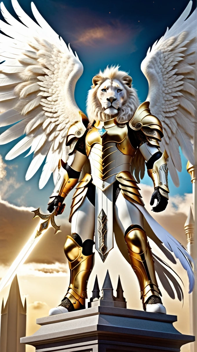 white lion warrior in armor 8K, white angel perched on a golden bejeweled tower in a utopian paradise city, huge feathered angel wings, nebula glowing eyes, white clouds flowing, ivory armor with diamond inlays, trends on artstation, sharp focus, studio photo, details Intricate, highy detailed, by Tim Burton on his knees praying without weapons