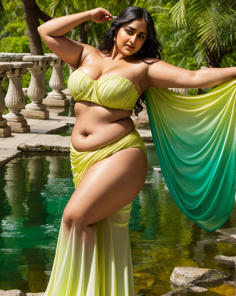 Looks like Anushka Shetty, thick figure, heavy physique, Masterpiece, thick figure heavy figure, curvy, voluptuous, sexy navel folds, Best quality, high clarity eyes, critically flawless,sharp picture, Full portrait, High pixels, perfect face, perfect eyes, beautiful face, perfect hands,perfect fingers, in Peter Paul Rubens style, by Peter Paul Rubens, baroque style, acrylic on canvas, highly detailed, description: "Create a nymph inspired by the tales of Greek or Roman mythology, embodying the essence of a natural element or location, and possessing a unique ability or trait that sets her apart.", strapless Bra of ancient times, strapless bralette, armpits showing,