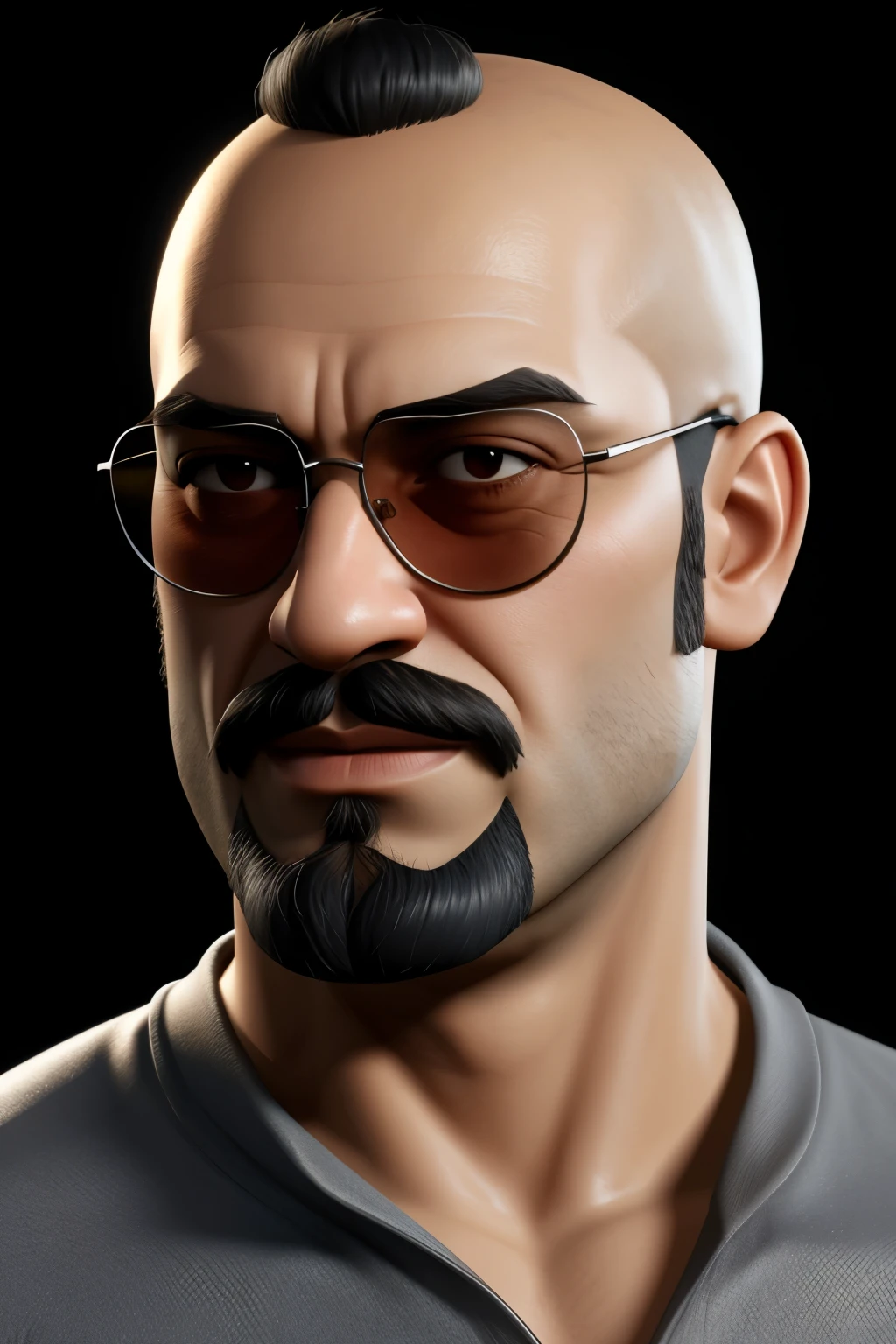 cartoon character of a bald man with a beard, with sunglasses and a dark gray shirt, animation character, stylized character, animation style rendering, 3d stylized, Arnold Maya rendering, Stylized 3D rendering, toon render screenshot, 3d character, 3d character, Stylized 3D rendering, 3D character rendering, cartoon character, Personagem de close up, character posing, (Pixar-style) (master part:1.2) (bokeh) (best qualityer) (skin detailed) (detailed texture) (8K) (Argilla) (cinematic lighting) (sharp focus