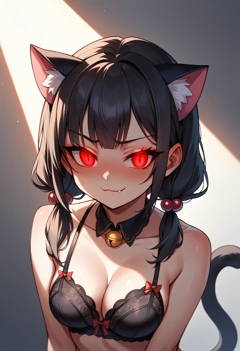 black hair, hair bobbles, wince, longeyelashes, solid circle eyes, fake animal ears, light smile, ear blush, fang, ccurate, long black hair, cat ears, cat tail, red eyes, hair over shoulder, straight hair, demon horns, horns, glowing eyes, makeup, light smile, smug, full blush, Surrealism, drop shadow, anaglyph, stereogram, tachi-e, pov, atmospheric perspective, 8k, super detail, best quality, high details, high quality, highres, award winning, best quality, large , wearing sexy lingerie