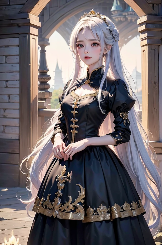 ((masterpiece:1.5,Highest quality,Highly detailed images,Beautiful images、Realistic、Photorealistic、2.5D))(1girl, 独奏)(Adult women、large breasts, white hair, beautiful eyes, Healthy legs、Tight ass、Beautiful cleavage)(Fantasy dresses、Fantasy Clothes、Black battle dress、black dress:1.5, Deep slit)(smile, wind, floating hair)(bright、Soft lighting、Inside the castle、The King's Chamber)