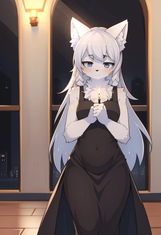 (best quality, high resolution:1.2), (Furry Art), arctic fox, Black belly-baring dress, floor, Candle-lit room, Shy expression,woman,Body , wet, blush, Steaming long hair,