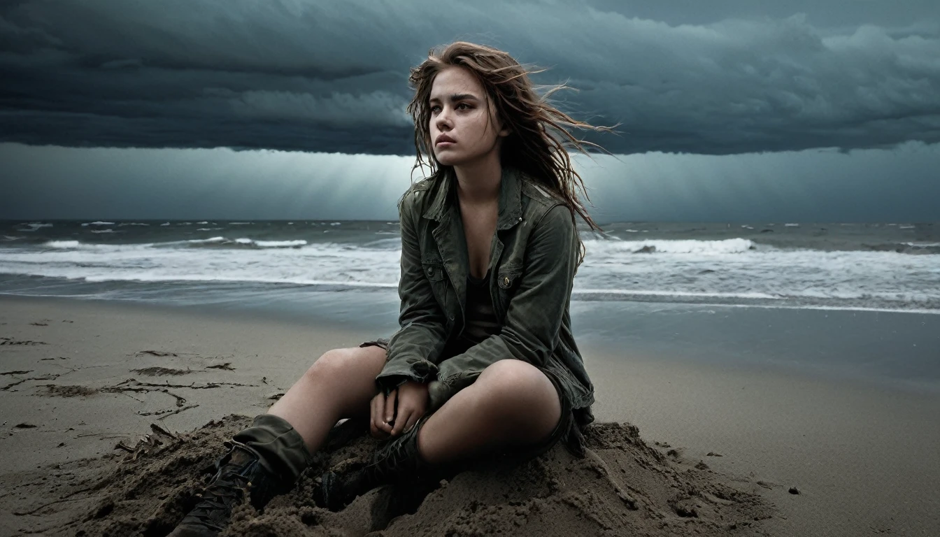 (Create a hyper detailed photograph masterpiece, best quality: 1.2), ultra detailed, cinematic lighting, Photographic portrait, 1girl, (harsh colors), post-apocalyptic beach, night at last, desolate atmosphere, girl sitting on the sand, covered vegetation, (overcast sky), waves crashing on the coast, (melancholic but hopeful), quiet moment of respite, (detailed textures), windswept hair, cloudy at night