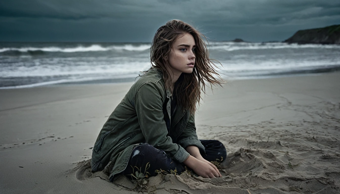 (Create a hyper detailed photograph masterpiece, best quality: 1.2), ultra detailed, cinematic lighting, Photographic portrait, 1girl, (harsh colors), post-apocalyptic beach, night at last, desolate atmosphere, girl sitting on the sand, covered vegetation, (overcast sky), waves crashing on the coast, (melancholic but hopeful), quiet moment of respite, (detailed textures), windswept hair, cloudy at night