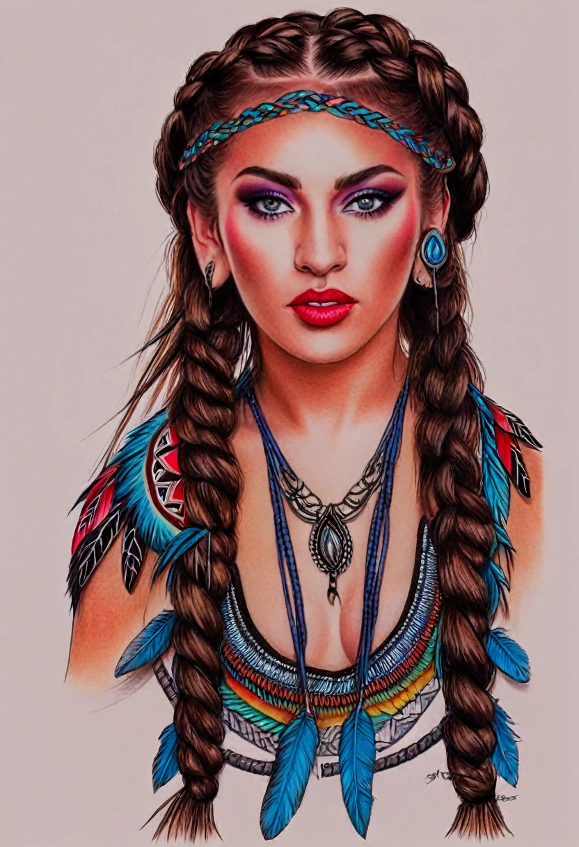 a full color pencil drawing of an attractive woman with braided hair, warrior goddess, feathers in her long hair, tribal tattoos on her face, white background, high contrast, hyper-realistic, cinematic lighting, pencil sketch style, artstation --ar 1:2 --stylize 750