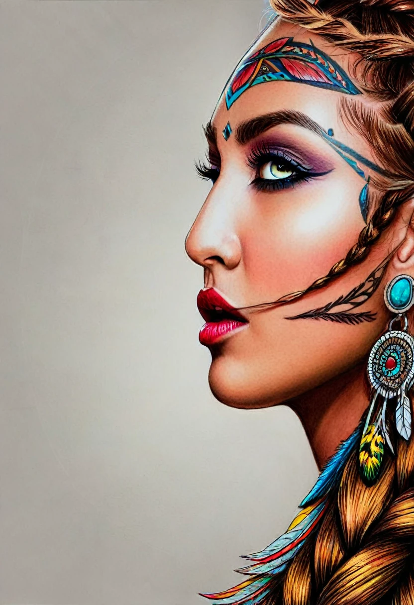 a full color pencil drawing of an attractive woman with braided hair, warrior goddess, feathers in her long hair, tribal tattoos on her face, white background, high contrast, hyper-realistic, cinematic lighting, pencil sketch style, artstation --ar 1:2 --stylize 750