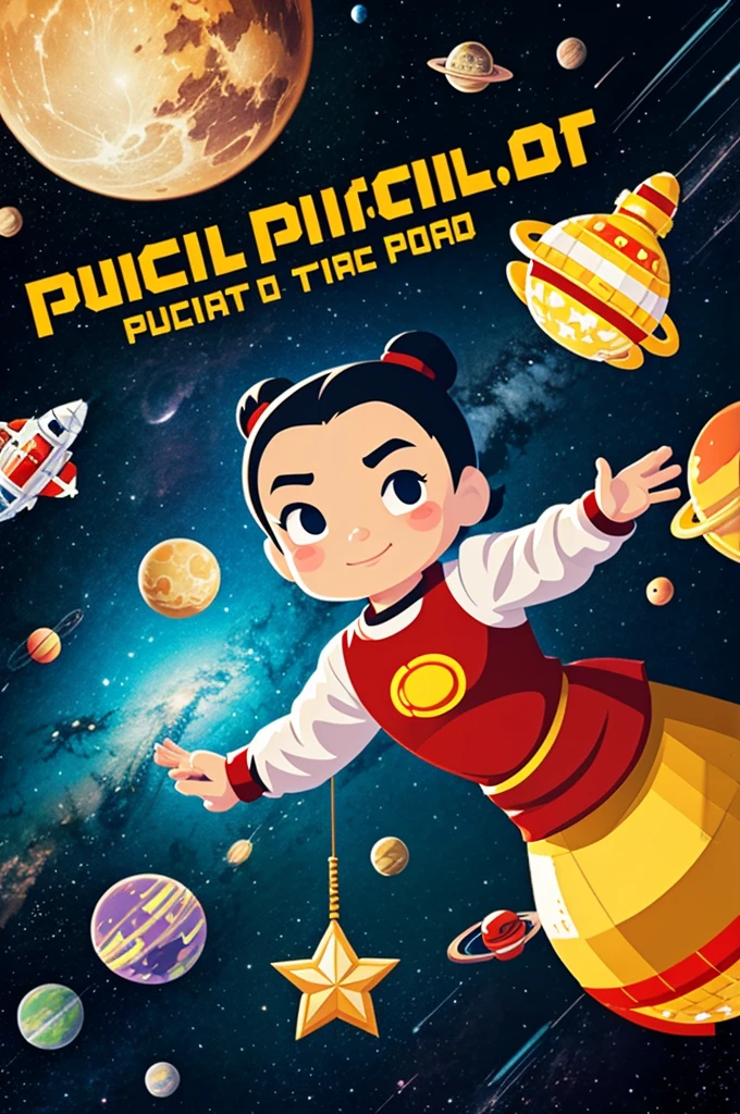 A pixel art illustration of Pucca in space surrounded by stars