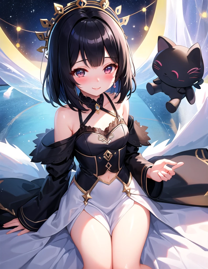 masterpiece、Highest quality、Very detailed、Beautiful lighting、[[Small body]]、She has a bob hairstyle with short bangs.、Black Hair、iris、[[Big Breasts]]、smile、Blushing、skin