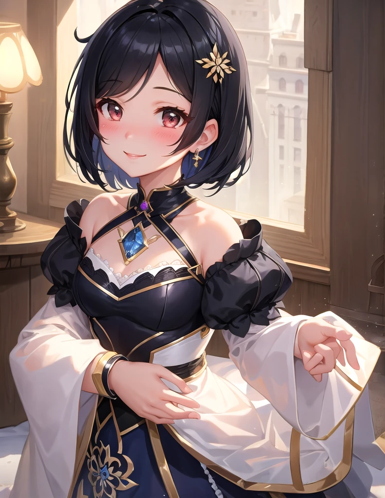 masterpiece、Highest quality、Very detailed、Beautiful lighting、[[Small body]]、She has a bob hairstyle with short bangs.、Black Hair、iris、[[Big Breasts]]、smile、Blushing、skin