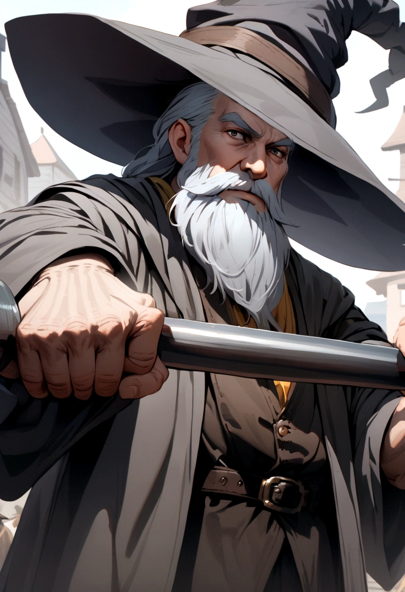 picture of a man lifting a barbell, wizard, wizard hat, long grey beard