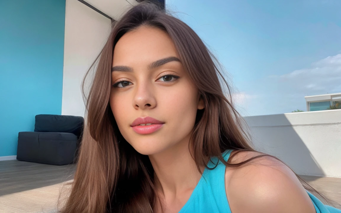 (best quality,4k,8k,highres,masterpiece:1.2),ultra-detailed,full-length,realistic,photorealistic,photo-realistic:1.37),fullbody portrait,full legs,beautiful girl,brown eyes,detailed lips,long eyelashes,youthful appearance,flowing straight hair,light brown hair,expressive face,soft skin,slight smile,relaxing pose,seductive looking directly at the camera,Turquoise color clothes, loose clothes,feminine elegance,colorful lighting,subtle shadows,vivid colors,natural lighting, realism