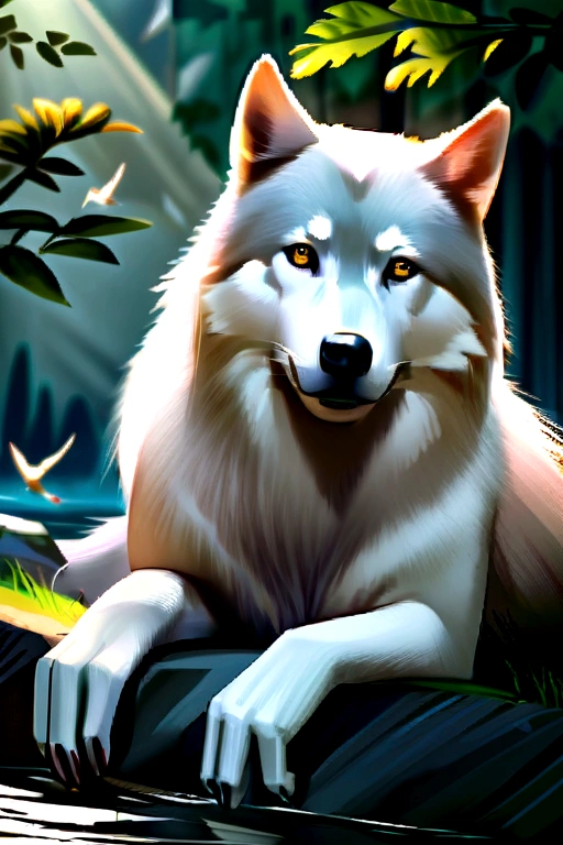 Make an image for your Twitter cover. Enter a realistic and natural forest mountain, with river, animals and birds. Insert a boy sitting next to a wolf.