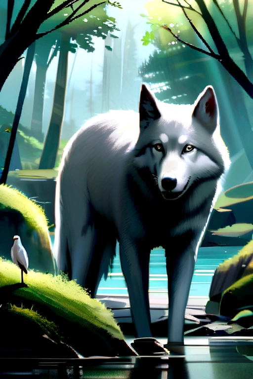 Make an image for your Twitter cover. Enter a realistic and natural forest mountain, with river, animals and birds. Insert a boy sitting next to a wolf.