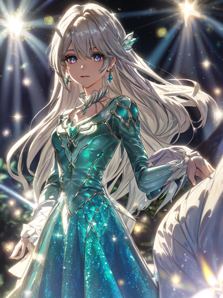 masterpiece, highest quality, figure, alexandrite eyes and hair, platinum earrings, Platinum Necklace, white dress, The Little Mermaid, cute, (dynamic lighting:1.2), cinematic lighting, delicate features, fine eyes, sharp pupils, realistic student, Depth of bounds written, Bokeh, sharp focus, (very detailed, bloom, shine:1.4), Many Small Gems
