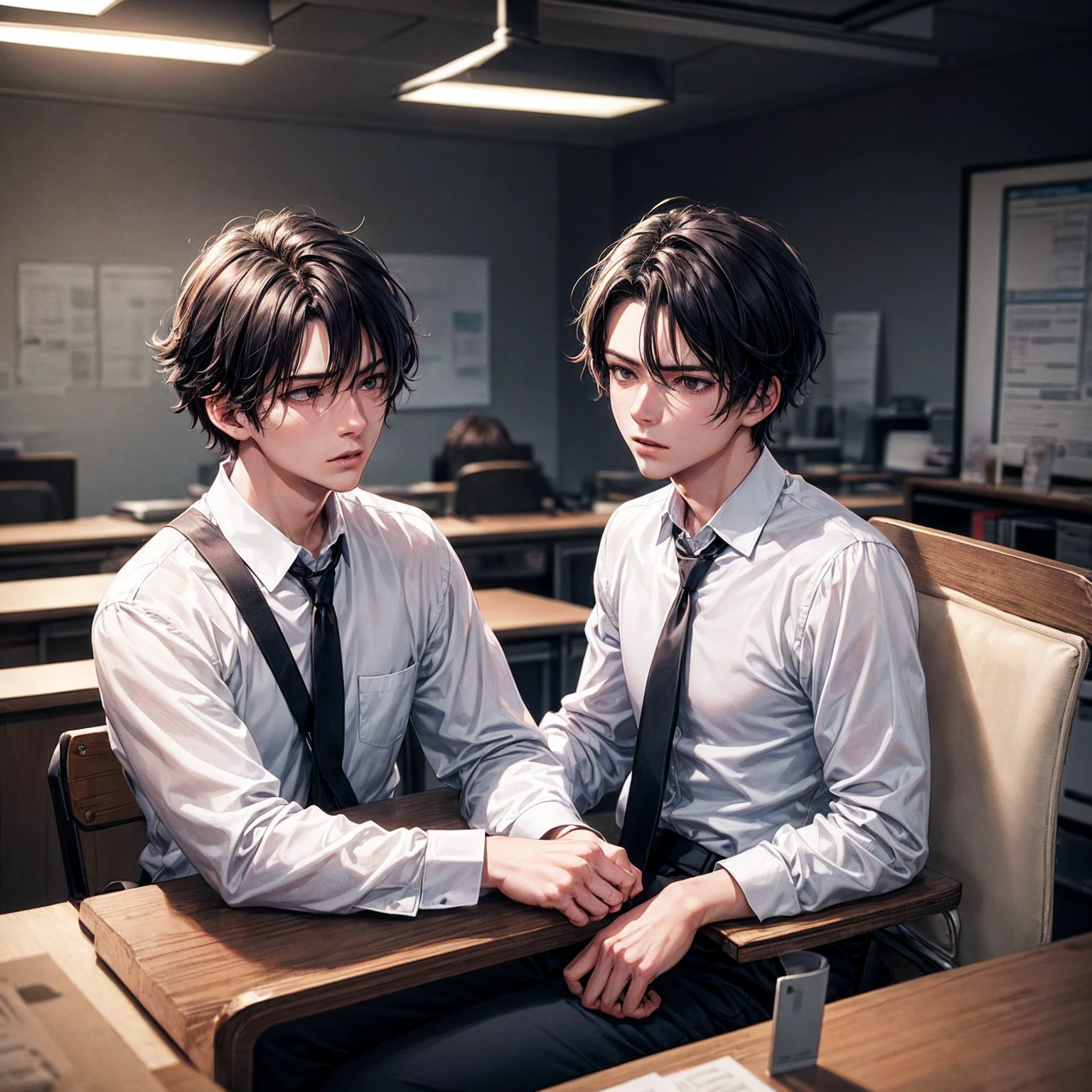 a 21 year old man in a white buttoned long sleeve shirt with black tie, japanese anime style, detailed facial features, hyper realistic, 8k, photorealistic, masterpiece, extremely detailed, dramatic lighting, moody atmosphere, cinematic composition, in an office, sitting in an office chair