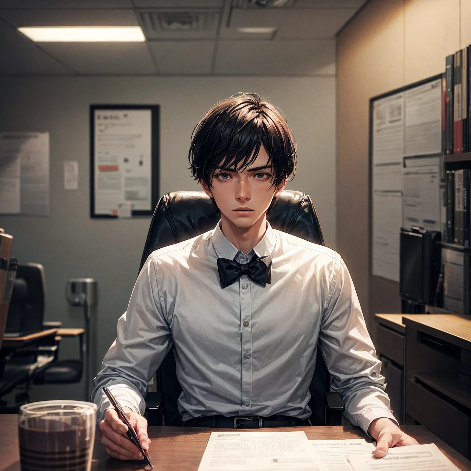 a 21 year old man in a white buttoned long sleeve shirt with black tie, japanese anime style, detailed facial features, hyper realistic, 8k, photorealistic, masterpiece, extremely detailed, dramatic lighting, moody atmosphere, cinematic composition, in an office, sitting in an office chair