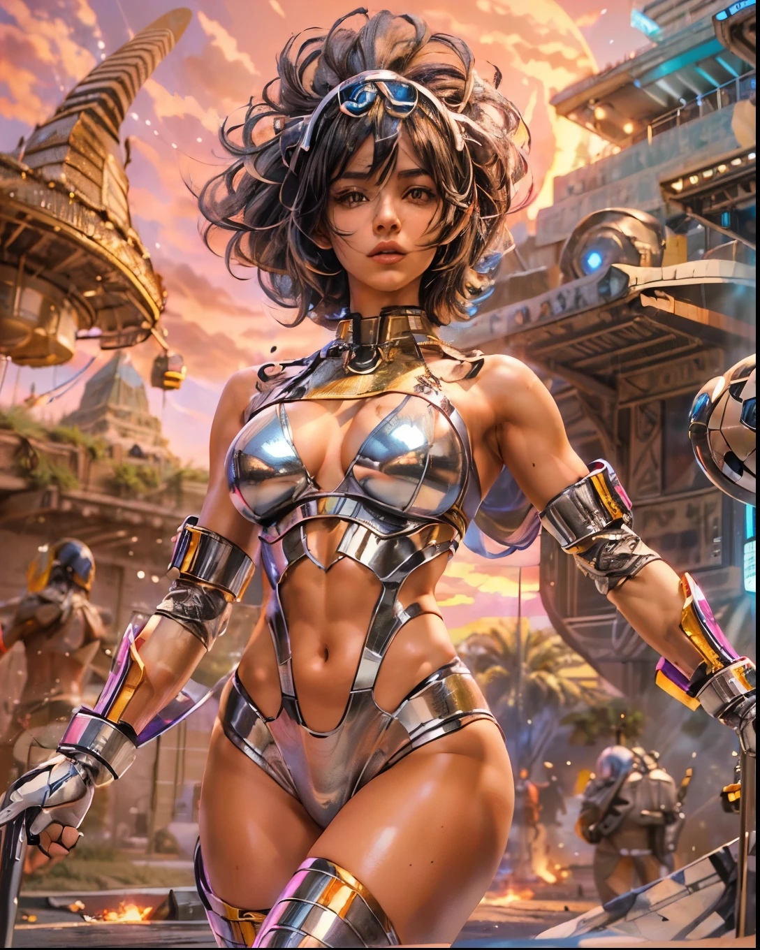 (((low angle shot))), ((women fighting in war wearing ultra thin translucent bikini with gorgeous muscular long legs)), ((pink silver black)), prismatic, reflective, ((ultra perfect flowing hairstyle)), (((huge natural breasts, tan lines))), ((perfect radiant skin color)), ((super colourful)), (((cinematic sunset gorgeous skies))), (((detailed spaceship background and incredibly sci-fi retro art masterpiece))), (((1:1 scale proportions))), ((science fiction)), ((chrome spaceships)), (((ultra photorealistic realism))), ((Smooth curves, clean lines, streamlined, functional aesthetics, reflective surfaces, integrated lighting, giant floating spaceships, engraved Egyptian and spiritual motifs)), ((acrylic plastic robot))