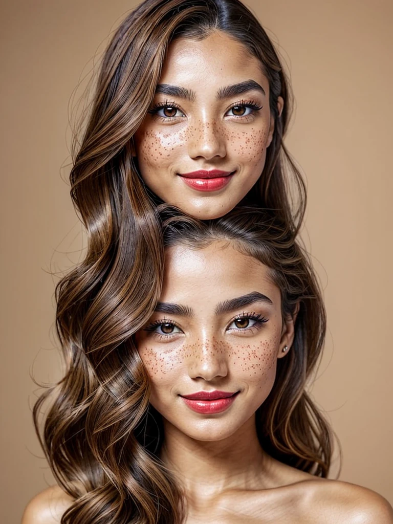 muka:
* format: Oval.
* eyeballs: Large and light brown, with long, thick eyelashes.
* eyebrows: Thin and arched, in light brown color.
* nase: Small and upturned.
* gura: Average, with full, red lips.
* Skinned: clear, with freckles on the nose and cheeks.
* body hair: Long and light brown, with natural waves.
Additional Detail:
* eyeballs: almond-shaped, with a natural glow and joyful expression.
* eyebrows: Well defined and arched, contributing to an expressive look.
* nase: Small and delicate, in harmony with the oval face.
* gura: full and red lips, who show a contagious smile.
* freckles: Small and delicate, distributed across the nose and cheeks, giving a natural and charming touch to the skin.
* body hairs: Natural waves that frame the face with softness and movement.
cos:
* Height: 1,65 m.
* Weight: 60 kg.
* biotype: Skinny Athletic, with a defined and proportional body.
* Skinned: clear, with a healthy, tanned tone on the arms and legs.
* tattoo's: A small tattoo of a bird on the left wrist, representing freedom and lightness. A tattoo of a flower on the right ankle, symbolizing femininity and beauty.