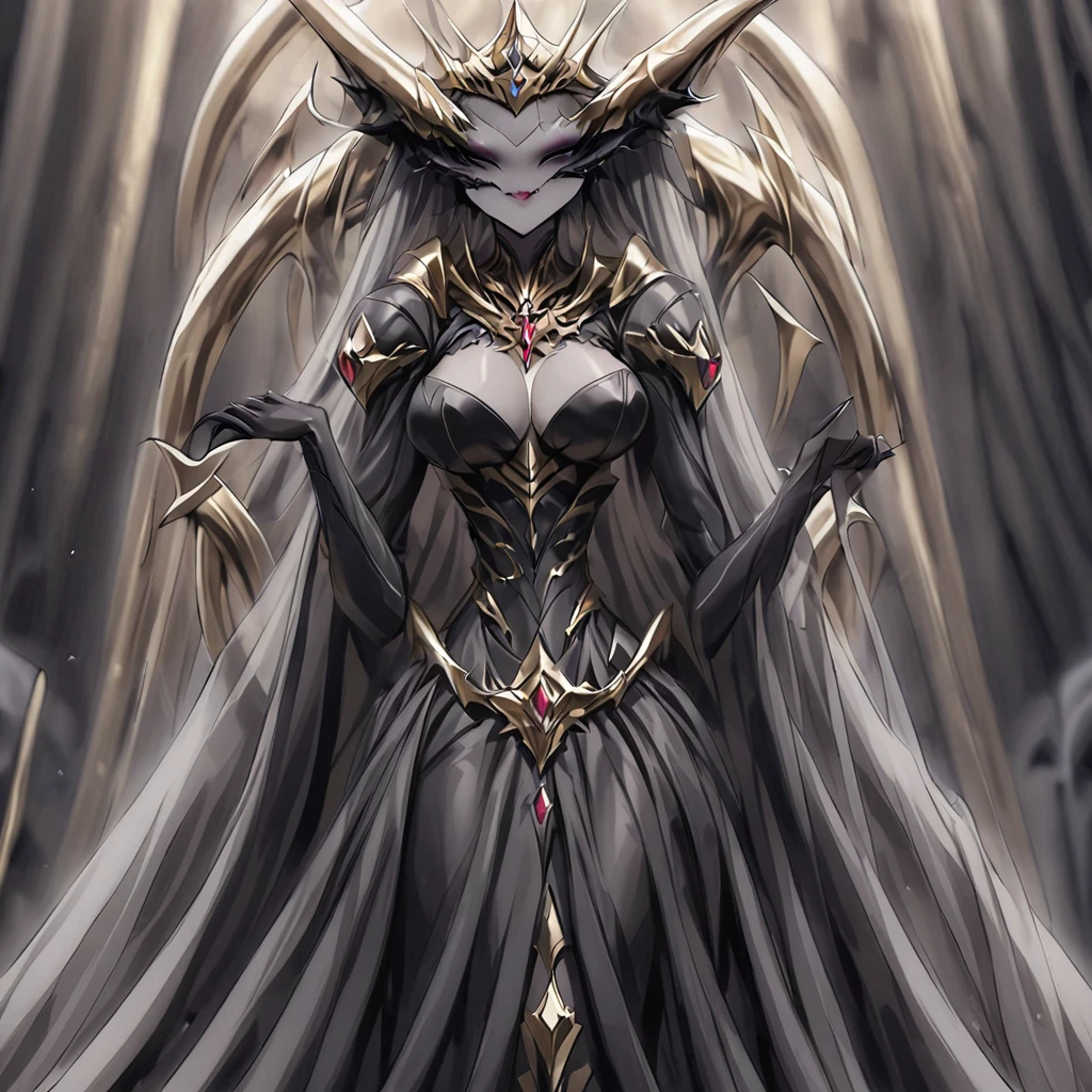 ((Highest quality)), ((masterpiece)), (detailed), (Perfect Face)、The woman is a demon, Princess Leona, the Demon Queen, with medium-long light brown hair. She is wearing a gorgeous black wedding dress decorated with gold and a black wedding veil, and is getting married to a man who is the dignified Demon King of an evil organization.、Women are brainwashed, expressionless, and have no highlights in their eyes.、The woman is getting married to a powerful demon king of an evil organization.、The powerful demon king of the evil organization embraces the woman.