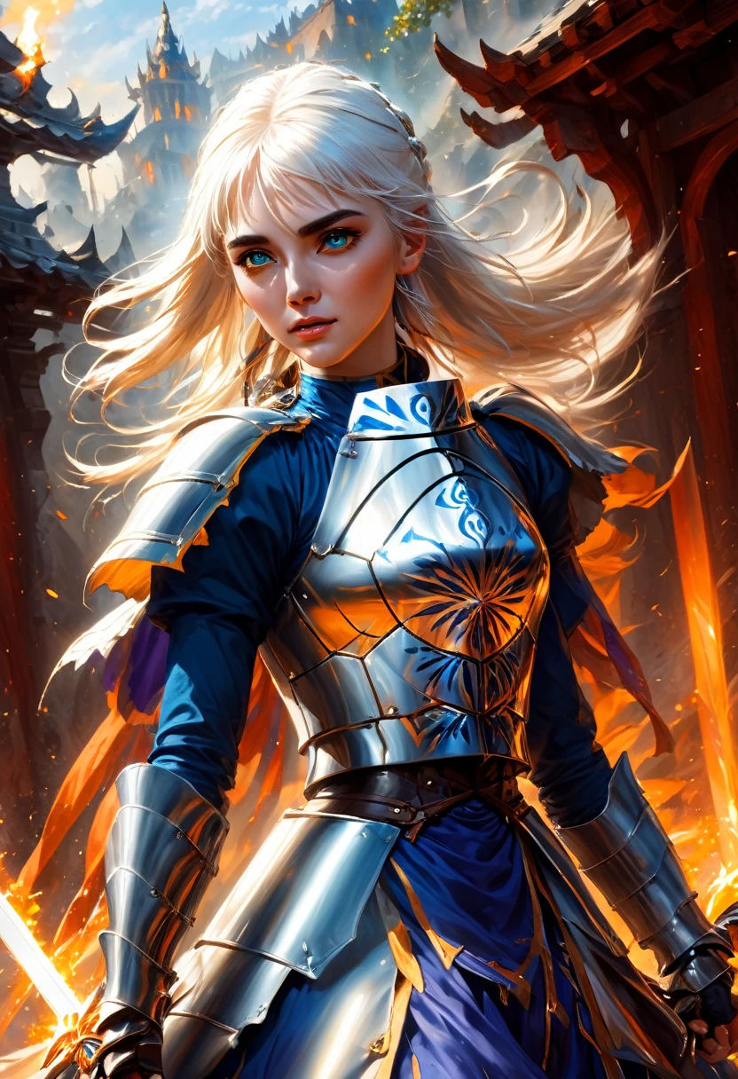 fantasy art, dnd art, RPG art, wide shot, (masterpiece: 1.4) portrait, intense details, highly detailed, photorealistic, best quality, highres, portrait a vedalken female (fantasy art, Masterpiece, best quality: 1.3) ((blue skin: 1.5)), intense details facial details, exquisite beauty, (fantasy art, Masterpiece, best quality) cleric, (blue colored skin: 1.5) 1person blue_skin, blue skinned female, (white hair: 1.3), long hair, intense green eye, fantasy art, Masterpiece, best quality) armed a fiery sword red fire, wearing heavy (white: 1.3) half plate mail armor CM-Beautiful_armor wearing high heeled laced boots, wearing an(orange :1.3) cloak, wearing glowing holy symbol GlowingRunes_yellow, within fantasy temple background, reflection light, high details, best quality, 16k, [ultra detailed], masterpiece, best quality, (extremely detailed), close up, ultra wide shot, photorealistic, RAW, fantasy art, dnd art, fantasy art, realistic art, ArmoredDress, Cinematic Hollywood Film