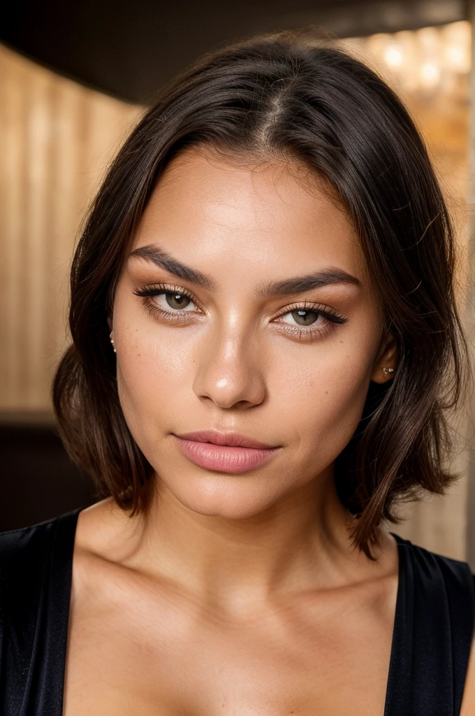 beautiful brunette woman, (22 years old, seductive glance), small moles on the face, in a nightclub, smiles with teeth, Full body photo, whole body to see, elegant outfit, dancing, body, Background other people, She has big pouty lips with lip fillers ++,defined cheekbones with cheek filler and wears some blush. She has glowing sexy eyes and wears smokey eyes make-up. She seems to have a bit of mixed Filipino and European looks. Her nose is very thin and small. She has a toned body and has size C breast implants. masterpiece, beste-Qualit, Ultra-Detailed, Canon (look at the viewer: 1.2) (Skin texture) (Film grains: 1.3), (warm hue, warmer Ton: 1.2), cinematiclight, sidelighting, extra high resolution, better shadow, SPIRIT, (foto realista)(best quality) (Detailed) shot on a Canon EOS R5, 50MM lens, F/2.8, HDR, (8K), 8K uhd, dslr, good quality, Kornfilm, Fujifilm XT3, Film Stock Photo 4 Kodak Portra 400 Camera F1.6 lenses rich colors hyperrealistic, beautiful black dress, no cleavage, birthmark above lip