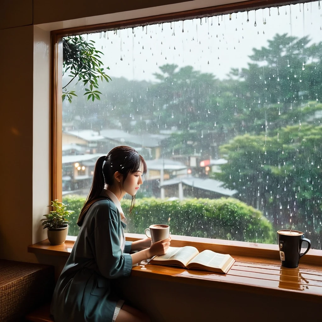 Scene of a cafe with rain falling outside the window, a girl is reading a book while drinking hot chocolate at a window seat, warm light and calm expression are impressive, Japanese anime style