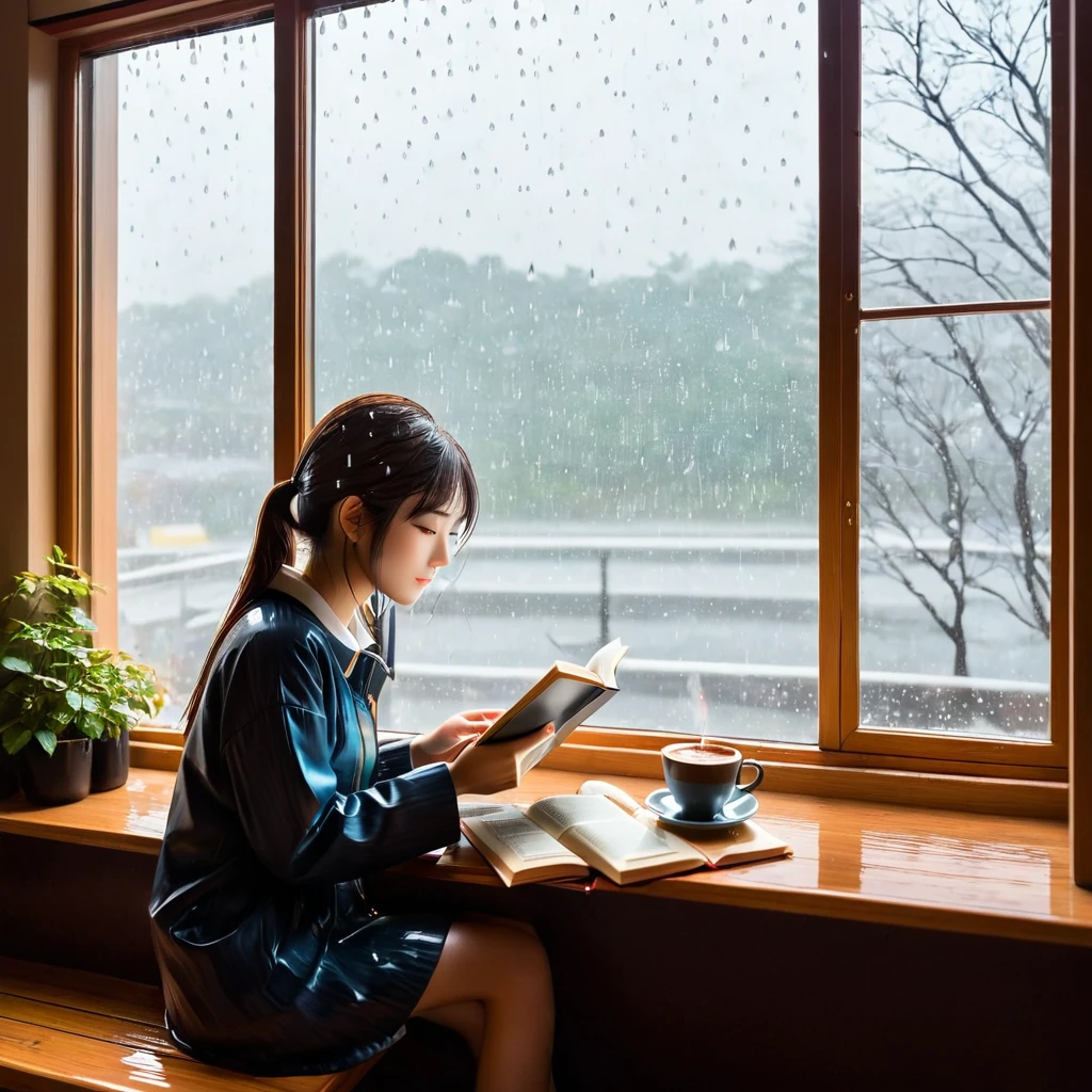 Scene of a cafe with rain falling outside the window, a girl is reading a book while drinking hot chocolate at a window seat, warm light and calm expression are impressive, Japanese anime style