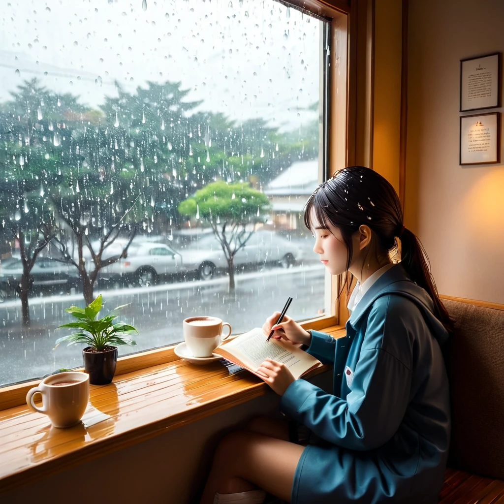 Scene of a cafe with rain falling outside the window, a girl is reading a book while drinking hot chocolate at a window seat, warm light and calm expression are impressive, Japanese anime style