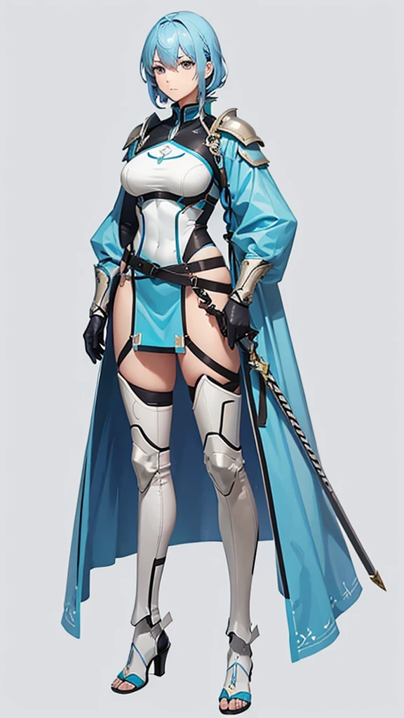 Light blue hair, female mercenary, Spearman, tall, Full body side view, View Viewer, Pure white background