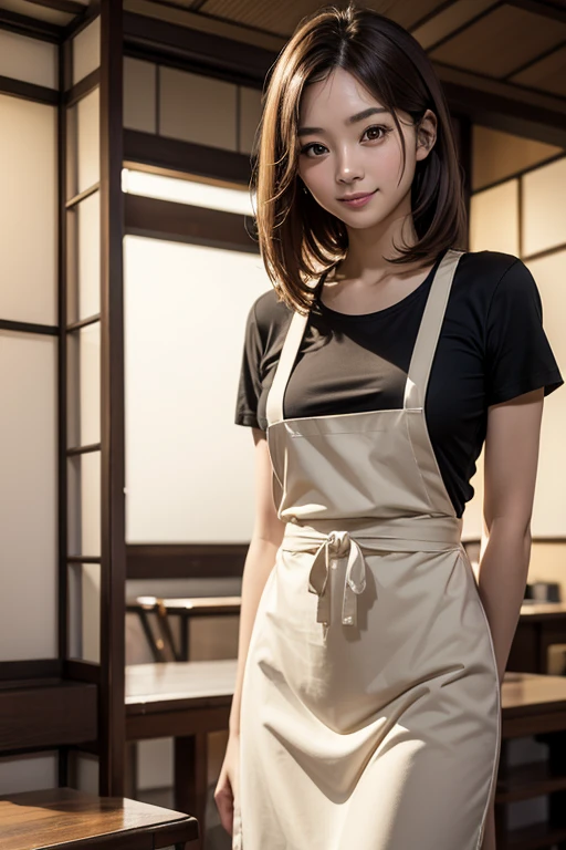 8K,Masterpiece,Inside a drugstore,(alone),30 years old,(Japanese women)、One Woman、Smile,Slender figure,Small breasts,Shapely breasts,Light Brown Hair,Medium Hair,Realistic、Mature Woman,Realistic face、T-Shirts,apron
