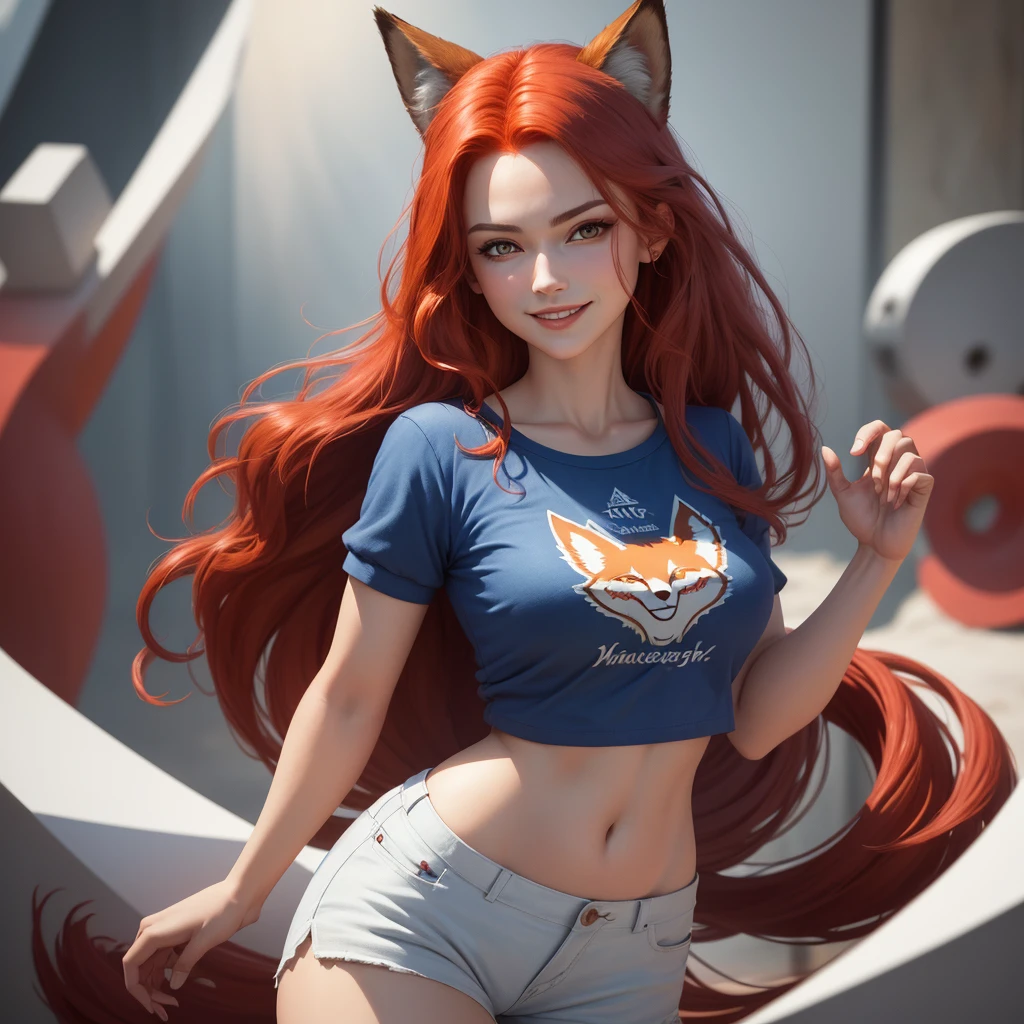 (masterpiece, Best quality, A high resolution, ultra quality), extremely detailed, realistic, Fox Woman, Red hair, natural , Detailed shape, nice front view, serious face smiling, white T-shirt and blue shorts, fix fingers.