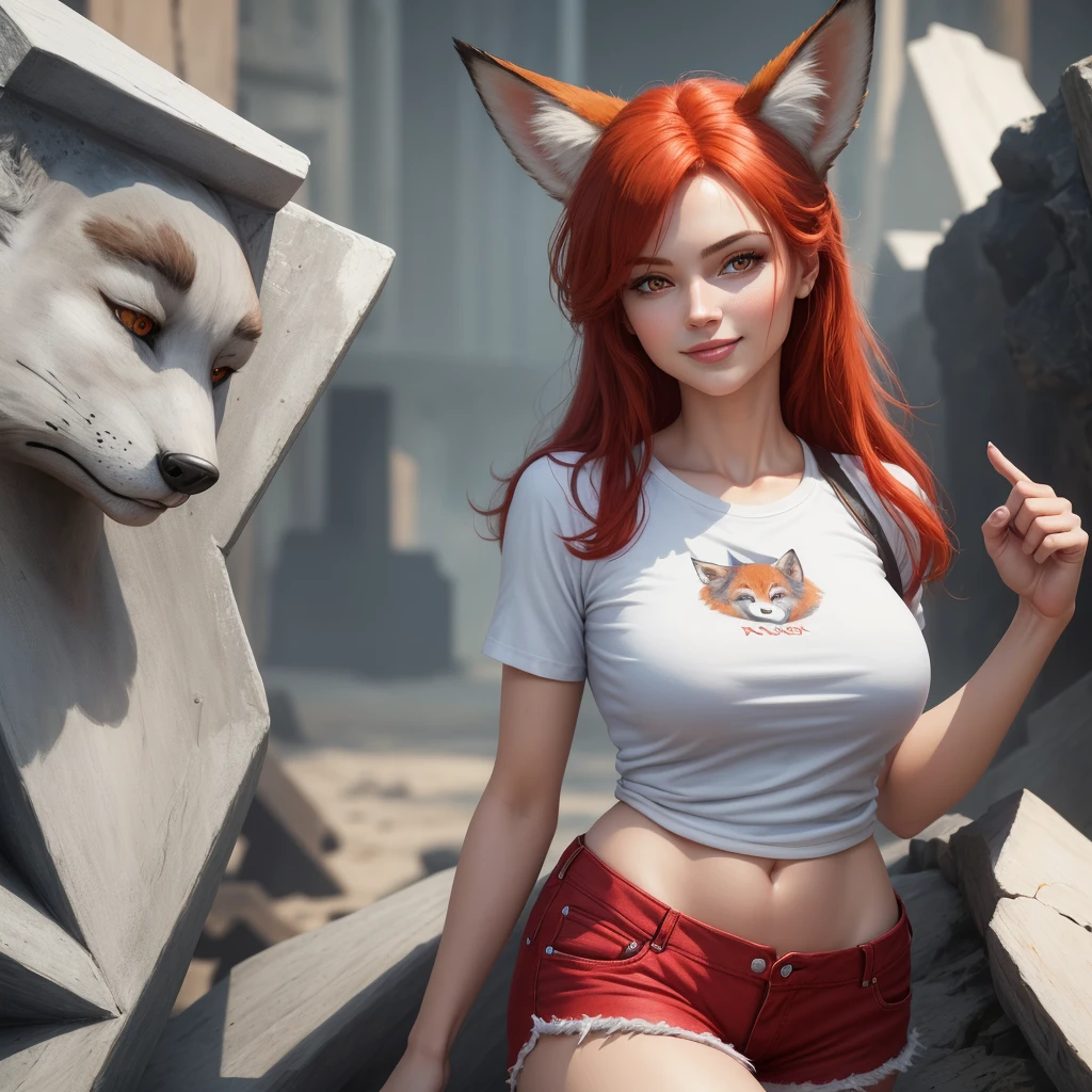 (masterpiece, Best quality, A high resolution, ultra quality), extremely detailed, realistic, Fox Woman, Red hair, natural , Detailed shape, nice front view, serious face smiling, white T-shirt and blue shorts, fix fingers.