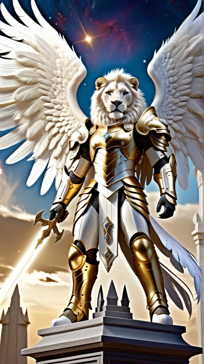 white lion warrior in armor 8K, white angel flying in the middle of the universe, huge feathered angel wings, nebula glowing eyes, white clouds flowing, ivory armor with diamond inlays, trends on artstation, sharp focus, studio photo, details Intricate, highy detailed, por Tim Burton