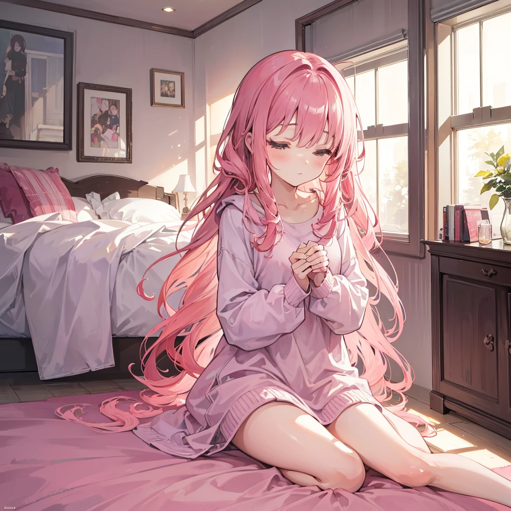 A cute girl with long, curly pink hair is sleeping in a bed in her bedroom. It is morning, and soft sunlight is streaming through the window, gently illuminating the room. She looks peaceful and serene, snuggled under a cozy blanket. The bedroom is cozy and inviting, with a soft color palette and gentle morning light enhancing the tranquil atmosphere.