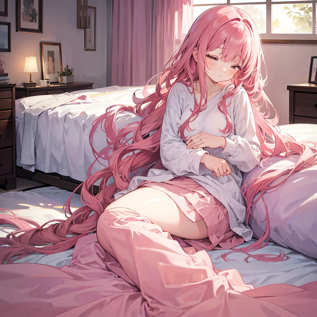 A cute girl with long, curly pink hair is sleeping in a bed in her bedroom. It is morning, and soft sunlight is streaming through the window, gently illuminating the room. She looks peaceful and serene, snuggled under a cozy blanket. The bedroom is cozy and inviting, with a soft color palette and gentle morning light enhancing the tranquil atmosphere.