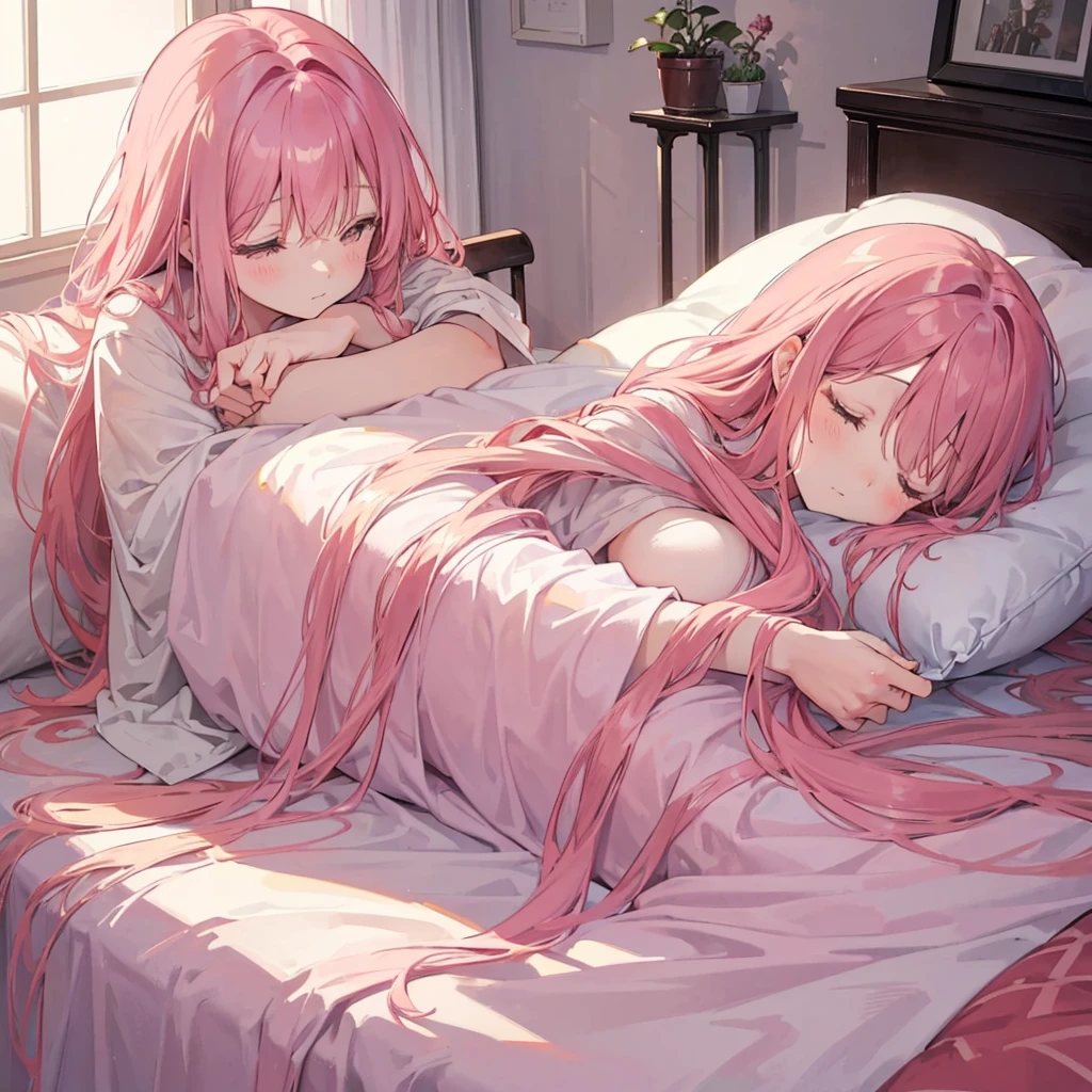 A cute girl with long, curly pink hair is sleeping in a bed in her bedroom. It is morning, and soft sunlight is streaming through the window, gently illuminating the room. She looks peaceful and serene, snuggled under a cozy blanket. The bedroom is cozy and inviting, with a soft color palette and gentle morning light enhancing the tranquil atmosphere.