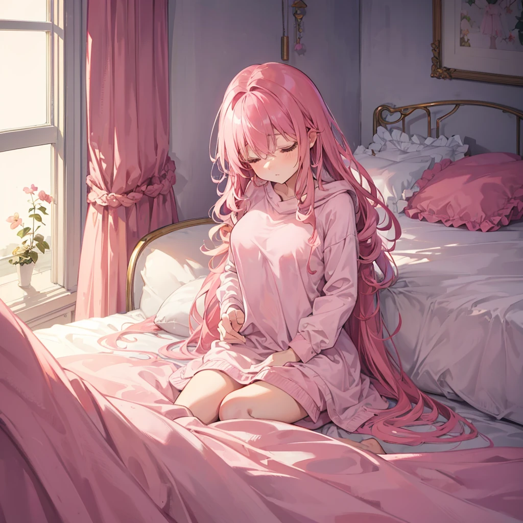 A cute girl with long, curly pink hair is sleeping in a bed in her bedroom. It is morning, and soft sunlight is streaming through the window, gently illuminating the room. She looks peaceful and serene, snuggled under a cozy blanket. The bedroom is cozy and inviting, with a soft color palette and gentle morning light enhancing the tranquil atmosphere.
