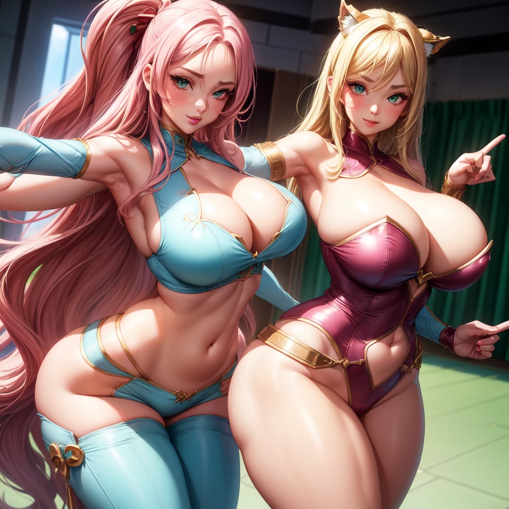 ((1 girls), solo, clevage, Big round breasts, thighs, hips, realistic, pink hair, blonde hair, light green eyes, lip gloss, detailed face, amazing big eyes, eye details, big lips, eyebrow details,blush, confident, dominant, bdsm, smirk, naughty, mischevious face, HD, good quality, curvy, standing up, thick thighs, attractive, amazing body, perfect body, slim thick, indoors, armpits, clevage, view from begind, back