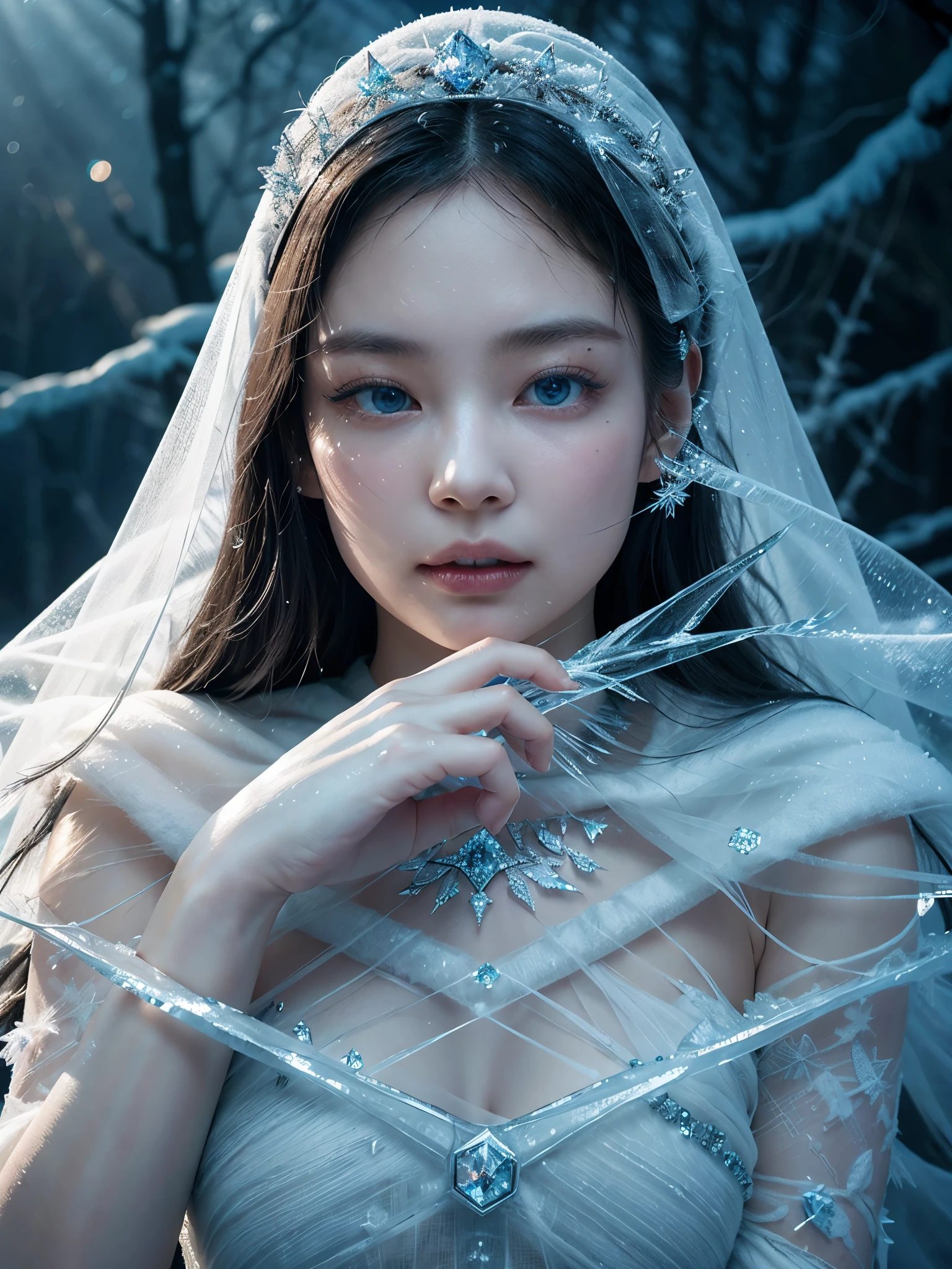 (best quality,4k,8k,highres,masterpiece:1.2),ultra-detailed,(realistic,photorealistic,photo-realistic:1.37),ice rime witch style,icy blue,sparkling snowflakes,frozen landscape,gown made of ice shards,mystical aura,magical ice crystals reflecting light,sharp and piercing gaze,frost-covered eyelashes,elegant and ethereal figure,ice crown on the head,delicate frost patterns on the skin,cold breath visible,icy gusts of wind swirling around,glowing ice magic in the hands,frozen branches reaching out,long silver hair shimmering like ice,eerie and haunting atmosphere,dark and mysterious forest background,moonlight casting an enchanting glow,aurora borealis dancing across the sky,alluring and powerful presence,subtle hints of ancient magic,unearthly beauty,glacial magic swirling around,crystal-clear ice palace,isolated and magical winter realm,frozen rivers and lakes,icy crystals forming intricate patterns,hooded cape flowing in the wind,elegant and graceful movements,icy spikes forming a protective barrier,snow-covered footsteps leading to the unknown,deep blue eyes shining with wisdom and power,chilling yet mesmerizing persona.(best quality,4k,8k,highres,masterpiece:1.2),ultra-detailed,(realistic,photorealistic,photo-realistic:1.37),ice rime witch style,icy blue eye,sparkling snowflakes,frozen landscape,gown made of ice shards,mystical aura,magical ice crystals reflecting light,sharp and piercing gaze,frost-covered eyelashes,elegant and ethereal figure,ice crown on the head,delicate frost patterns on the skin,cold breath,icy gusts of wind swirling around,glowing ice magic in the hands,frozen branches reaching out,long silver hair shimmering like ice,eerie and haunting atmosphere,dark and mysterious forest background,moonlight casting an enchanting glow,aurora borealis dancing across the sky,alluring and powerful presence,subtle hints of ancient magic,unearthly beauty,glacial magic swirling around,crystal-clear ice palace,isolated and magical winter realm, blackpink jennie