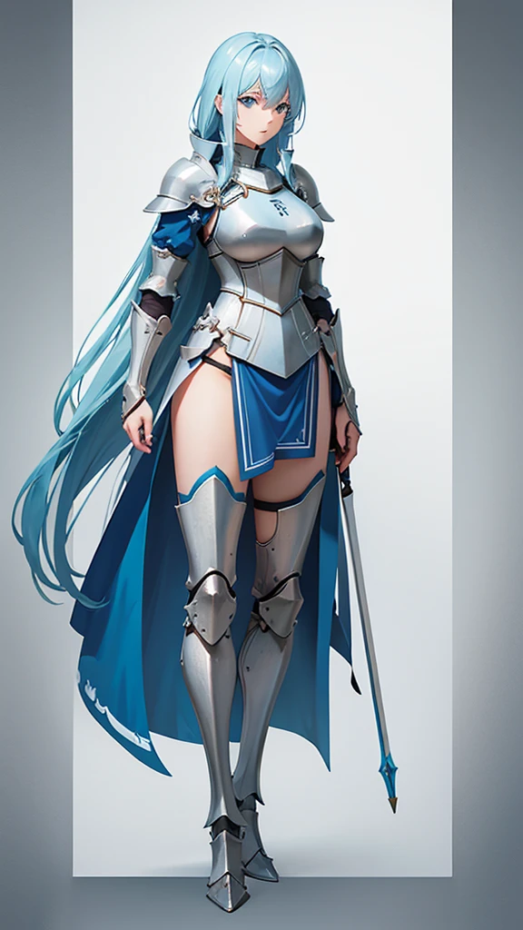 Light blue hair, female knight, Spearman, tall, Full body side view, View Viewer, Pure white background
