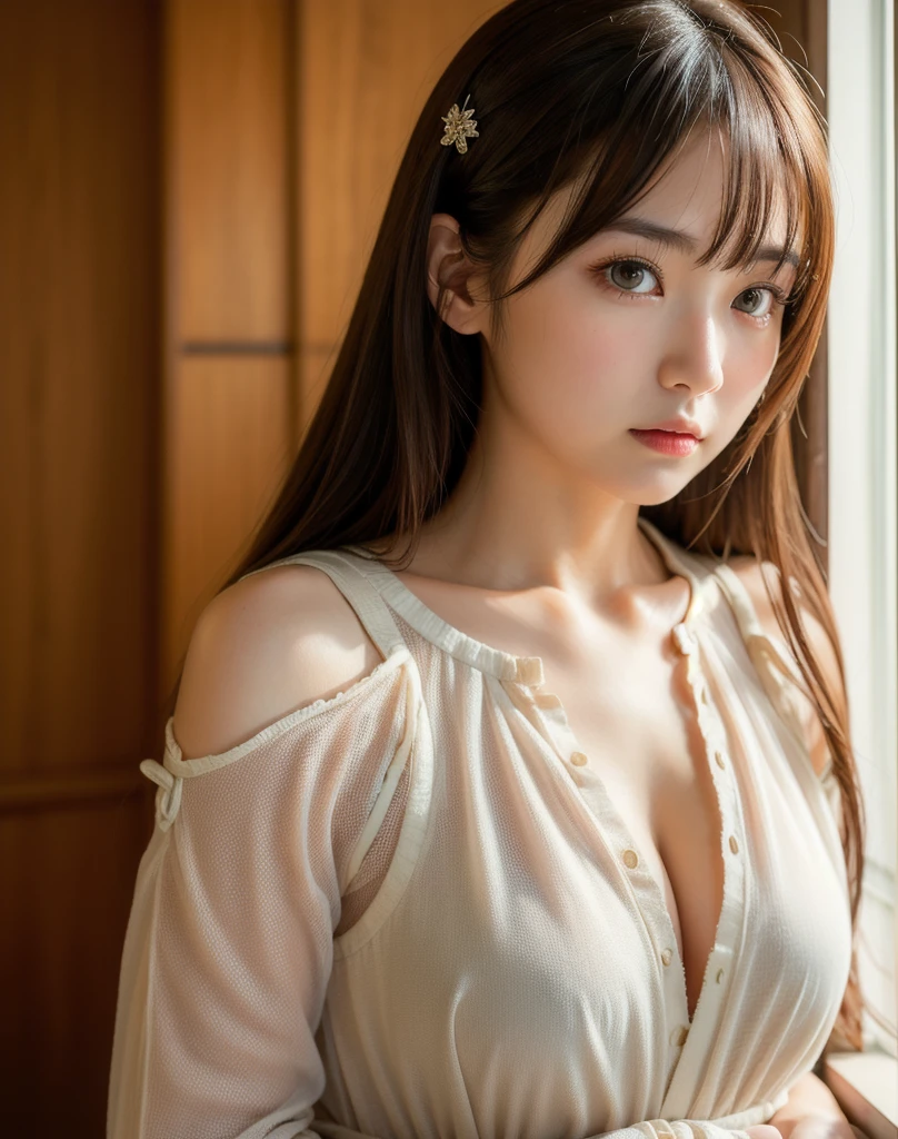 best quality, face focus, soft light, ultra high res, (photorealistic:1.4), RAW photo,
1japanese girl, solo, cute, (pupil, lights in the eyes), detailed beautiful face, (small chest),(high resolution detail of human skin texture),
(long hair),
indoor,
Damask Shirt Dress,
(portrait)