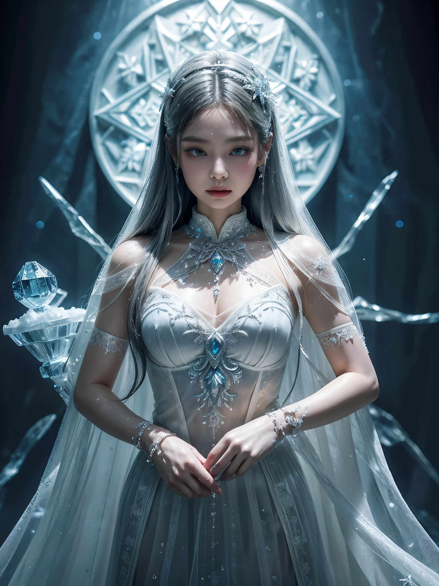 generate a celestial and colorful ice angel. her eyes should be beautifully detailed, extremely detailed, realistic, macro, and bright. her face should be fierce and dynamic. include a highly detailed and beautiful face with realistic eye shading. her clothes are long and flowing and made of silk and lace and pearls. include frosty details such as snow, wind, snowflakes, cold air, and night sky. include phantasmal iridescence, shimmer, glimmer, and bumps, as well as beautiful and intricate fantasy details. this is a magical and high fantasy image. cold, frost, frost on image, frost on camera, frost on figure, intricate snowflakes ((masterpiece)), best quality, high quality, highres, intricate details, portfolio piece, bryan organ, matte, trending on art station, in the style of greg rutkowski, include magical ice creature, use shades of blue, include fur, (dynamic composition), (highly detailed), ornate, ultra detailed, detail enhancements, magical details, fantasy vibes(a vibrant,cool,surreal)ice girl 3d sculpture, detailed and lifelike(the girl with long flowing silver hair and bright glowing eyes) with(details include)beautifully carved ice crystals on her gown and a (intricate)staff made of ice(carrying intricate ice engravings) emitting a soft glow. The sculpture is surrounded by a thick mist of cool smoke(creating an ethereal atmosphere), and the background depicts a snowy landscape with(icy trees and sparkling frozen flowers) adding to the magic. The entire scene is captured in a realistic detailed shot(allowing the viewer to appreciate every intricacy of the sculpture) with(24K resolution and vivid, vibrant colors). This artwork is of the best quality, deserving to be part of any masterpiece collection and a true award-winning artwork. Blackpink jennie