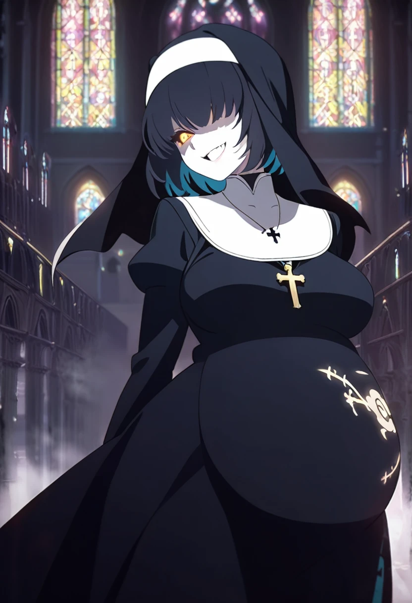 1girl, nun, cross, cross necklacke, jewelry, black hair, turquoise bangs, very short hair, hair over eyes, pale skin, medium breasts, turquoise eyes, black dress, church, smile, big belly, (masterpiece), best quality, anime style, ciel tsukihime