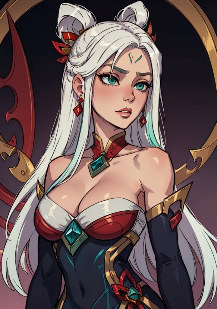masterpiece, best quality, 1female, face portrait, beautiful, shy, mythmaker irelia, hair ornament, hair rings, bare shoulders, dress, detached sleeves, multicolored hair, white hair, earrings, green eyes